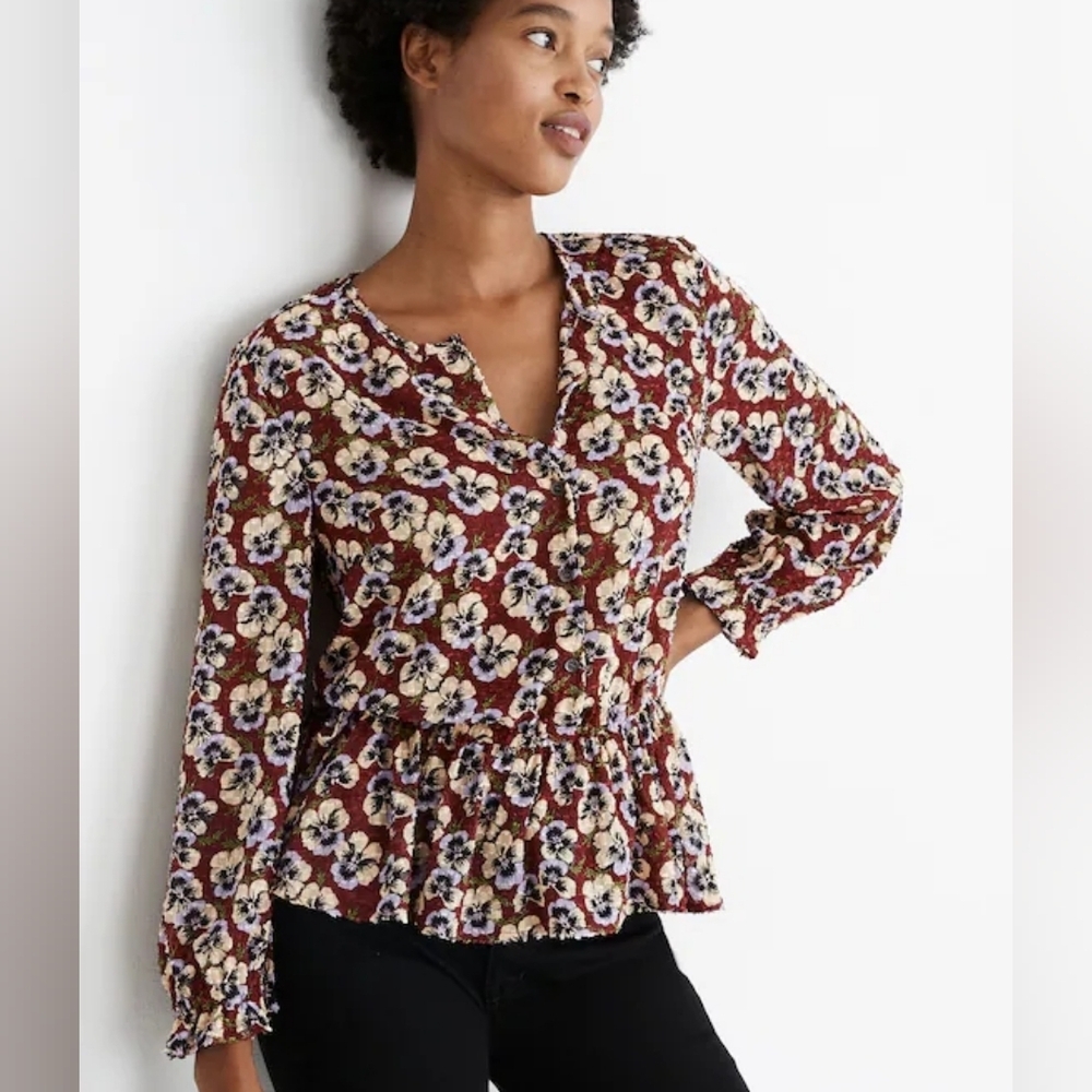 Madewell Viola Floral Drawstring Ruffle Hem Blouse Top - Size XS